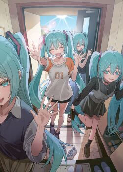 4girls absurdres aqua_eyes aqua_hair aqua_nails black_sleeves blush casual clone closed_eyes commentary door doorway good_end hallway hatsune_miku highres indoors long_hair looking_at_viewer miyabino_(miyabi1616) multiple_girls one_eye_closed open_door open_mouth pov pov_doorway removing_shoes shoes skirt smile twintails very_long_hair vocaloid walk-in