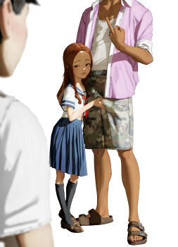 1girl 2boys absurdres aged_down black_socks blue_skirt blurry blurry_foreground brown_eyes brown_hair bulge camouflage camouflage_shorts collared_shirt contrapposto crotch_grab dark-skinned_male dark_skin depth_of_field diathorn female_pervert flat_chest full_body half-closed_eyes head_out_of_frame heel_up hetero highres karakai_jouzu_no_takagi-san leaning_on_person lips loli middle_finger midriff_peek multiple_boys naughty_face netorare nishikata nose open_clothes open_shirt parted_lips pervert pink_shirt pleated_skirt raised_eyebrows realistic sandals school_uniform serafuku shirt short_sleeves shorts simple_background skinny skirt sleeves_rolled_up smile smirk smug socks takagi-san taunting teasing undershirt white_background