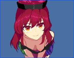 1girl animated bare_shoulders black_shirt blue_background blue_border blush border breasts closed_mouth clothes_writing collarbone downblouse extended_downblouse eyebrows hair_between_eyes hanging_breasts head_tilt heart heart_print hecatia_lapislazuli hurumero leaning_forward long_hair looking_at_viewer medium_breasts multicolored_skirt nipple_slip nipples no_bra off_shoulder orange_eyes pixel_art plaid_clothes plaid_skirt red_hair shirt short_sleeves simple_background skirt smile solo standing touhou video