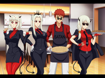 Rule 34 | 1boy, 3girls, absurdres, apron, belt, black apron, black necktie, breasts, collared shirt, cosplay, crossover, demon tail, emiya shirou, family, fate/hollow ataraxia, fate/kaleid liner prisma illya, fate/stay night, fate (series), food, formal clothes, hair between eyes, heart, helltaker, helltaker (character), helltaker (character) (cosplay), highres, holding, horns, irisviel von einzbern, justice (helltaker), justice (helltaker) (cosplay), large breasts, leysritt (fate), long hair, long sleeves, lucifer (helltaker), lucifer (helltaker) (cosplay), modeus (helltaker), modeus (helltaker) (cosplay), multiple girls, necktie, pancake, pants, red eyes, red hair, red shirt, red sweater, reiichi 543448, sella (fate), shirt, short hair, skirt, smile, suit, sunglasses, sweatdrop, sweater, symbol-shaped pupils, tail, white hair, yellow eyes