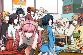 3boys 6+girls akiha_rumiho all_fours amane_suzuha animal_ear_hairband animal_ears animal_hood aqua_kimono arm_around_neck bare_shoulders bell black-framed_eyewear black_gloves black_hair black_kimono black_skirt blonde_hair blue_kimono bright_pupils brown_hair character_request closed_eyes commentary_request crossdressing drill_hair elbow_gloves everyone facial_hair fake_animal_ears floral_print floral_print_kimono flower fur_shirt glasses gloves gradient_clothes gradient_kimono green_eyes green_sash hair_between_eyes hair_bun hair_flower hair_ornament hairband hairclip hakama hakama_skirt hiyajou_maho hood horns indoors japanese_clothes jitome kanzashi kimono kiryuu_moeka kosode lab_coat long_hair looking_at_viewer looking_back makise_kurisu miko multiple_boys multiple_girls mustache neck_bell nervous_sweating obi okabe_rintarou on_floor open_mouth parted_lips pink_eyes pink_flower pink_hair ponytail print_kimono purple-framed_eyewear purple_eyes purple_kimono purple_sash rectangular_eyewear red_eyes red_flower red_skirt ringed_eyes sash science_adventure seiza sheep_ears sheep_hood sheep_horns shiina_mayuri shirt short_hair sitting skirt sleeveless sleeveless_shirt smile steepled_fingers steins;gate sweat sweatdrop table teeth tennouji_yuugo tetsu10ru trap turning_head twin_drills two-tone_kimono upper_teeth_only urushibara_luka veiny_face white_pupils white_sash white_shirt whiteboard yellow_kimono