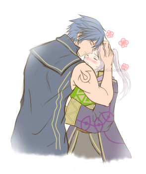 1boy 1girl blue_hair blush book brand_of_the_exalt breasts chrom_(fire_emblem) couple embarrassed eyelashes female_robin_(fire_emblem) fire_emblem fire_emblem_awakening flower hand_on_another&#039;s_head highres holding holding_book hood hood_down hugging_book hugging_object intelligent_systems kiss kissing_forehead long_coat long_hair long_sleeves medium_breasts moverabbit0305 muscular_arms no_gloves shirt short_hair sidelocks sleeveless sleeveless_shirt sleeves_past_wrists standing swept_bangs twintails white_background white_hair wide_sleeves yellow_eyes