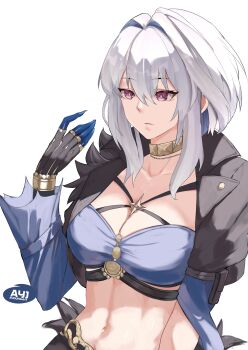Rule 34 | 1girl, absurdres, ayj (ayoungart), black jacket, blue bra, blue nails, bra, breasts, cleavage, collarbone, commentary, fingernails, galbrena (wuthering waves), gold choker, grey hair, hair between eyes, hand up, highres, jacket, linea alba, long fingernails, looking at hand, medium breasts, medium hair, mutation, navel, purple eyes, simple background, solo, stomach, underwear, upper body, white background, wuthering waves