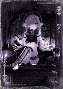 absurdres babydoll barefoot bat_wings black_babydoll black_gloves black_leggings black_panties blonde_hair blurry border brooch candle chaise_longue chocolate_donut closed_mouth cross curtains dagger detached_leggings donut dot_nose drawn_wings dual_wielding expressionless flat_chest flipped_hair food food_on_face frilled_hairband frilled_thigh_strap frills full_body gloves grey_eyes grey_theme hair_between_eyes hair_flaps hairband hands_up heart heart_brooch highres holding holding_food indoors jewelry knees_up knife lace lace-trimmed_gloves lace-trimmed_leggings lace_trim leggings legs_together long_hair monogatari_(series) ornate_border oshino_shinobu panties planted planted_knife planted_weapon ringed_eyes sidelocks thigh_strap underwear very_long_hair weapon window wings x_yo_1