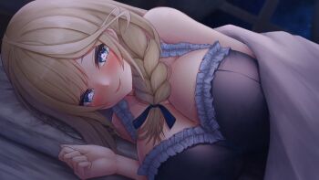 1girl absurdres bare_shoulders bed_sheet black_bra blonde_hair blue_eyes blush bra braid breasts cleavage closed_mouth commentary_request dutch_angle frilled_bra frills hair_tie hand_up heart heart-shaped_pupils highres indoors large_breasts long_hair looking_at_viewer lying manase_yua night on_bed on_side parted_bangs pink_pupils pov_across_bed project_blue_(vtuber) smile solo swept_bangs symbol-shaped_pupils tanu_(ace_ikachan) under_covers underwear virtual_youtuber