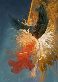 1boy 1girl amputee armor blonde_hair blue_background brother_and_sister cape chenyangforone commission commissioner_name covered_eyes elden_ring floating_hair gold_armor golden_sword helmet helmet_over_eyes highres long_hair malenia_blade_of_miquella mechanical_arms miquella_(elden_ring) prosthesis prosthetic_arm prosthetic_leg red_cape red_hair siblings standing triple_amputee upside-down wavy_hair winged_helmet