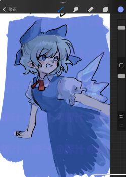 1girl ame_iru art_program_in_frame blue_background blue_dress blue_eyes cirno dress highres looking_to_the_side medium_hair short_sleeves sleeveless smile solo touhou user_interface