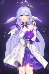 Rule 34 | 1girl, :d, absurdres, bare shoulders, choker, detached sleeves, dress, feet out of frame, gloves, green eyes, halo, head wings, highres, honkai: star rail, honkai (series), long hair, looking at viewer, open mouth, purple choker, purple hair, robin (honkai: star rail), ruoyun, short sleeves, smile, solo, standing, strapless, strapless dress, very long hair, white dress, white gloves, wings