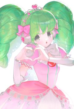 Rule 34 | 00 soyo, 1girl, :o, absurdres, bow, bowtie, breasts, colored eyelashes, commentary request, detached sleeves, dress, falulu, green hair, grey eyes, hair bow, headphones, heart, heart hands, highres, korean commentary, long hair, long sleeves, looking at viewer, open mouth, pink bow, pink dress, pretty series, pripara, puffy short sleeves, puffy sleeves, ringlets, short sleeves, silver tiara, small breasts, solo, tiara, white background, white bow, white bowtie, white sleeves