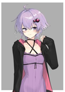 1girl ahoge black_choker black_jacket blush border breasts choker cleavage closed_mouth collarbone commentary_request criss-cross_halter dress flying_sweatdrops frilled_dress frills grey_background hair_between_eyes halterneck hand_up highres hood hood_down hooded_jacket jacket long_sleeves open_clothes open_jacket purple_dress purple_eyes purple_hair short_hair sleeves_past_wrists small_breasts solo upper_body vocaloid voiceroid white_border yuzuki_yukari zooanime