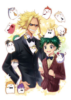 2boys all_might animal animal_on_head animalization bakugou_katsuki black_bow black_bowtie black_hair black_jacket black_necktie blonde_hair blue_bow blue_bowtie boku_no_hero_academia bow bowtie brown_hair brown_shirt burn_scar clenched_hands collared_shirt colored_skin cropped_torso david_shield dress_shirt flower formal_clothes freckles green_hair grin hair_flower hair_ornament hamster highres iida_tenya jacket jiro_kyoka kaminari_denki kirishima_eijirou lliissaawwuu2 long_hair long_sleeves melissa_shield midoriya_izuku mineta_minoru multicolored_skin multiple_boys necktie on_head red_jacket scar shirt sitting smile star_(symbol) striped_clothes striped_jacket teeth todoroki_shoto two-tone_skin uraraka_ochako white_background white_shirt yagi_toshinori yaoyorozu_momo