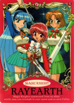 Rule 34 | 1990s (style), 3girls, armor, armored dress, blonde hair, blue eyes, blue hair, blue hairband, border, dress, english text, escudo sword (rayearth), green eyes, group picture, hairband, highres, holding, holding sword, holding weapon, hououji fuu, looking at viewer, magic knight rayearth, multiple girls, official art, ornate border, retro artstyle, ryuuzaki umi, scan, shidou hikaru, shitajiki, skirt, sword, weapon