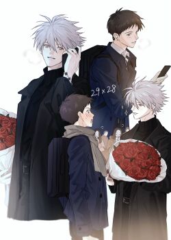 Rule 34 | 2boys, absurdres, aged up, backpack, bag, belt, black bag, black coat, blush, bouquet, brown hair, cellphone, chanmine, character age, coat, collared shirt, commentary request, earphones, flower, highres, holding, holding bouquet, holding phone, ikari shinji, jewelry, male focus, multiple boys, nagisa kaworu, neon genesis evangelion, people, phone, ring, scarf, shirt, short hair, simple background, smartphone, sweater, wedding ring, white background, white hair, white shirt, yaoi