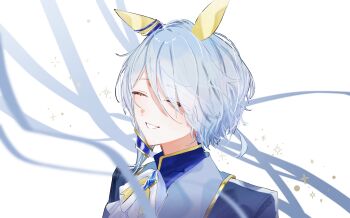 1girl absurdres animal_ears ascot blue_hair blue_jacket blue_shirt blush closed_eyes commentary_request ear_covers hair_between_eyes highres horse_ears horse_girl jacket k.s.miracle_(prism)_(umamusume) k.s.miracle_(umamusume) open_mouth shirt short_hair smile solo sparkle streamers tree_est umamusume upper_body white_ascot