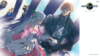 Rule 34 | 10s, 3boys, 4girls, akatsuki (log horizon), blue eyes, blue hair, crusty (log horizon), dress, glasses, gloves, hara kazuhiro, highres, log horizon, long hair, multiple boys, multiple girls, official art, official wallpaper, ponytail, purple hair, reinesia el arte cowen, shiroe (log horizon), short hair, silver hair