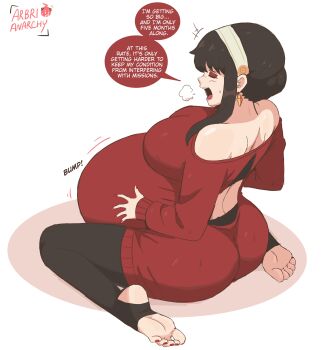 1girl absurdres arbrianarchy ass breasts closed_eyes earrings eyeshadow female_focus from_behind full_body highres jewelry kneeling large_breasts lipstick makeup medium_hair nail_polish pregnant solo speech_bubble spy_x_family stirrup_legwear toeless_legwear toenail_polish toenails yor_briar