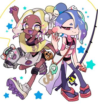 1boy 2girls big_man_(splatoon) black_shirt black_shorts blonde_hair blue_hair blue_socks cephalopod_eyes chest_sarashi clenched_hand colored_eyelashes colored_tongue crop_top dark-skinned_female dark_skin earrings fangs fishing_rod frye_(splatoon) full_body hair_bun hair_over_one_eye highres holding holding_fishing_rod inkling jewelry long_hair long_pointy_ears looking_at_viewer manta_ray multiple_earrings multiple_girls nintendo octoling official_alternate_costume open_mouth pointy_ears purple_tongue red_eyes red_shoes sarashi see-through_clothes see-through_shawl shawl shirt shiver_(splatoon) shoes shorts simple_background smile socks splatoon_(series) splatoon_3 standing star_(symbol) suction_cups symbol-shaped_pupils tentacle_hair white_background white_shoes yellow_eyes yoshishi_(yosisitoho)