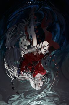 Rule 34 | 1girl, angelfish, arknights, ascot, black ascot, black ribbon, blue gloves, boots, breasts, chinikuniku, closed mouth, copyright name, dated, dress, fish, gloves, grey hair, high heel boots, high heels, highres, leg ribbon, leg up, long hair, medium breasts, red dress, red eyes, ribbon, short dress, silver boots, skadi (arknights), skadi the corrupting heart (arknights), solo, twitter username, upside-down, very long hair