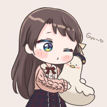 1girl animal bird blue_eyes blue_skirt blush_stickers bow brown_background brown_hair chibi closed_mouth collared_shirt commentary_request dress_shirt duck holding holding_animal hololive jacket long_hair long_sleeves mochimiko one_eye_closed oozora_subaru oozora_subaru_(casual) pink_jacket puffy_long_sleeves puffy_sleeves red_bow romaji_text shirt simple_background skirt sleeves_past_wrists solo very_long_hair virtual_youtuber white_shirt