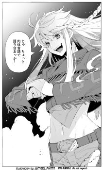 1girl :d belt belt_buckle braid breasts buckle commentary cracking_knuckles crop_top fate/grand_order fate_(series) fringe_trim greyscale highres jacket kukulkan_(fate) kukulkan_(first_ascension)_(fate) long_hair looking_ahead medium_breasts meiji_ken midriff monochrome open_mouth sharp_teeth shorts smile solo teeth tongue very_long_hair