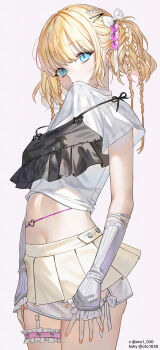 1girl black_shirt blonde_hair blue_eyes bluesky_username bow braid clothes_in_mouth commentary cowboy_shot frilled_thigh_strap garter_straps hair_bow hair_ornament heart heart_hair_ornament highres long_hair looking_at_viewer microskirt midriff mouth_hold multiple_braids navel original oto1_030 pleated_skirt shirt shirt_in_mouth short_sleeves simple_background single_garter_strap skirt sleeveless sleeveless_shirt solo spaghetti_strap standing symbol-only_commentary t-shirt thigh_strap twintails twitter_username white_arm_warmers white_background white_bow white_garter_straps white_shirt wispy_bangs yellow_skirt