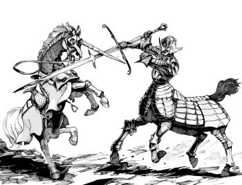 Rule 34 | 1other, ambiguous gender, armor, centaur, couter, cuirass, cuisses, fantasy, full armor, gauntlets, helmet, highres, hooves, horns, horse, horse tail, knight, monochrome, original, pauldrons, pirata (gailtonatiu), plate armor, poleyn, reins, rerebrace, saddle, shoulder armor, single horn, sword, tail, taur, unicorn, weapon, zweihander