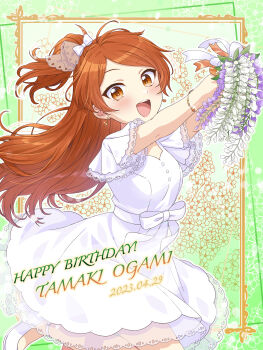 1girl 2023 absurdres blush border bouquet bow bracelet brown_eyes buttons character_name dress earrings floral_print flower framed hair_ornament happy_birthday highres holding holding_bouquet idolmaster idolmaster_million_live! idolmaster_million_live!_theater_days jewelry long_hair looking_at_viewer ogami_tamaki one_side_up open_mouth orange_hair ornate_border parted_bangs purple_flower ribbon see-through_clothes see-through_sleeves shiro_(ongrokm) short_sleeves smile solo white_dress white_flower white_footwear wisteria