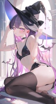 1girl absurdres bare_arms bare_shoulders bikini bikini_top_only black_bikini black_choker black_hat black_panties black_skirt braid breasts brown_thighhighs choker commentary hands_on_headwear hands_up hat highres long_hair looking_at_viewer microskirt moemoepiano navel no_shoes original panties parted_lips pink_eyes pleated_skirt purple_hair sitting skindentation skirt small_breasts solo spaghetti_strap stomach strap_slip string_bikini swimsuit symbol-only_commentary thighhighs thighs underwear very_long_hair witch_hat yokozuwari