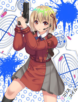 1girl arms_up blonde_hair breasts commentary_request dress folded_ponytail grey_dress gun hair_between_eyes hair_ribbon headset holding holding_gun holding_weapon kneehighs long_sleeves looking_at_viewer lycoris_recoil lycoris_uniform medium_breasts nishikigi_chisato parted_lips pleated_dress red_dress red_eyes red_ribbon revision ribbon school_uniform short_hair socks solo standing tukino_neru two-handed two-tone_dress weapon