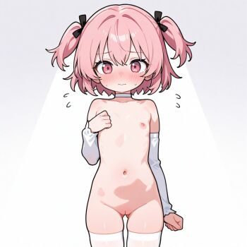 blush choker colored_skin flat_chest hand_on_own_chest loli nervous petite pink_eyes pink_hair pink_skin playing_with_nipple shy skinny thighhighs white_choker white_thighhighs