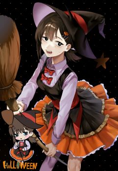 1girl black_dress black_eyes black_hat bow broom brown_hair chainsaw_man chibi chibi_inset dress hat higashiyama_kobeni highres holding holding_broom layered_dress nakajima_(user111860274) open_mouth orange_skirt pantyhose ponytail purple_pantyhose purple_shirt red_bow shirt short_ponytail single_leg_pantyhose single_sidelock skirt solo witch witch_hat