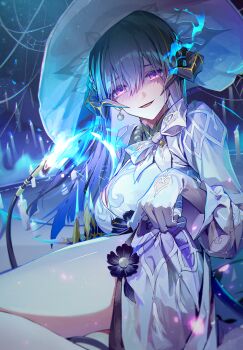 1girl absurdres black_hair blue_fire breasts candle claws cleavage clothes_lift clothing_cutout commentary demon_girl demon_horns demon_tail dress dress_lift english_commentary feet_out_of_frame fire glove_cutout gloves hair_between_eyes hat heart_cutout highres honkai:_star_rail honkai_(series) horns jelmul large_breasts long_hair looking_at_viewer mole mole_under_eye parted_lips purple_eyes smile solo tail the_dahlia_(honkai:_star_rail) thighs twitter_username white_dress white_gloves white_hat