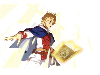 1boy absurdres black_clover black_clover_m:_rise_of_the_wizard_king blonde_hair blue_cape blue_eyes book cape crown grimoire highres jacket lumiere_silvamillion_clover multicolored_jacket non-web_source official_art open_book pants red_jacket short_hair simple_background transparent_background two-sided_cape two-sided_fabric two-tone_cape two-tone_jacket white_cape white_jacket white_pants