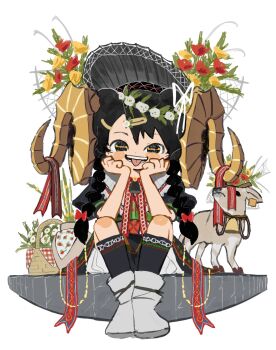 1girl animal baby_animal basket black_hair black_socks boots braid curled_horns flower hair_flower hair_ornament hairclip hat hat_flower head_rest highres horns lamb long_hair looking_at_viewer neruzou open_mouth original red_flower red_ribbon ribbon sheep sheep_horns sitting socks solo straight-on tongue tongue_out twin_braids white_background white_flower yellow_flower