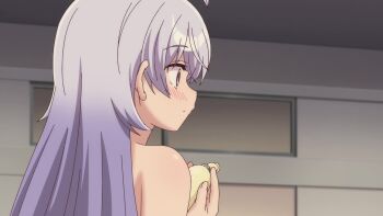 1boy 2girls abikura_akihito animated anime_screenshot blush breasts classroom cleavage cream cream_on_body cream_on_breasts cream_on_face food food_on_face hair_ornament hairpin hiwamura_hiyori huge_breasts indoors licking_own_arm long_hair multiple_girls nipples purple_eyes purple_hair sound tagme towel very_long_hair video yowa_yowa_sensei yukishita_yuki