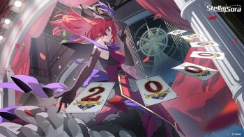 1girl armpit_crease black_gloves black_hat blue_eyes breasts card closed_mouth commentary copyright_name copyright_notice dress elbow_gloves english_commentary flora_(stella_sora) gloves hat highres indoors long_hair medium_breasts milestone_celebration official_art profile qys3 red_dress red_hair second-party_source smile solo stage stella_sora