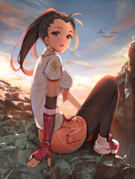 1girl black_hair black_pantyhose blue_sky brown_eyes cloud collared_shirt dark-skinned_female dark_skin fingerless_gloves flying freckles garganacl gen_4_pokemon gloves gradient_sky grey_hair highres long_hair looking_at_viewer momdy_(talesshinja) mountain multicolored_hair naranja_academy_school_uniform necktie nemona_(pokemon) nintendo open_mouth orange_necktie orange_shorts orange_sky outdoors pantyhose pantyhose_under_shorts pokemon pokemon_(creature) pokemon_sv ponytail school_uniform shirt shoes shorts single_glove sitting sky sneakers staraptor staravia starly streaked_hair striped_clothes striped_shorts white_shirt