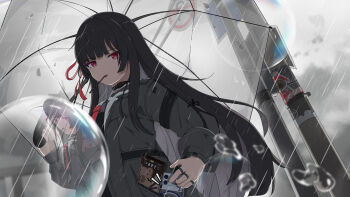 Rule 34 | 1girl, absurdres, black choker, black hair, black jacket, black shirt, breasts, bubble, chinese commentary, chisa (wuthering waves), choker, commentary request, food, food in mouth, hair ribbon, highres, holding, holding umbrella, jacket, long hair, looking at viewer, medium breasts, pocky, pocky in mouth, qianbihezhong, rain, red eyes, red ribbon, ribbon, shirt, solo, umbrella, wuthering waves