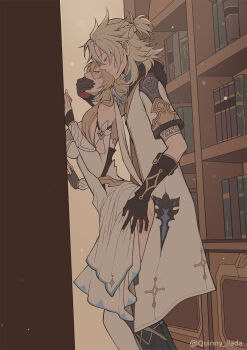 1boy 1girl albedo_(genshin_impact) arm_armor ass bare_shoulders black_boots black_gloves blonde_hair book bookshelf boots breast_press breasts closed_eyes closed_mouth clothed_sex clothes_lift coat commentary covering_another's_mouth detached_sleeves dress dress_lift english_commentary feet_out_of_frame from_side genshin_impact gloves grabbing_another's_ass groping hand_on_wall hetero highres hood hood_down hooded_coat indoors large_breasts looking_at_another looking_back lumine_(genshin_impact) medium_hair partially_fingerless_gloves quinny_il sex sex_from_behind short_hair_with_long_locks short_sleeves standing standing_sex sweat twitter_username white_boots white_coat white_dress yellow_eyes