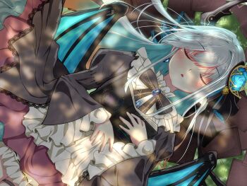 1girl black_bow black_dress blue_wings blush book bow butterfly_hair_ornament closed_eyes dress earrings frilled_sleeves frills grey_hair hair_ornament highres holding holding_book jewelry liber_(twinkle_star_knights) long_hair long_sleeves lying on_back open_book parted_lips puffy_sleeves rorona_rozena sleeping solo twinkle_star_knights wide_sleeves wings