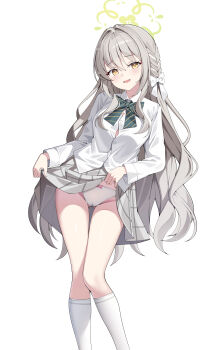 1girl absurdres blue_archive blush bow bowtie braid breasts button_gap buttons choppy_bangs clothes_lift collared_shirt commentary diagonal-striped_bow diagonal-striped_bowtie diagonal-striped_clothes furrowed_brow green_bow green_bowtie green_halo green_skirt grey_hair hair_bow hair_intakes hair_ribbon halo head_tilt highres kneehighs long_hair long_sleeves looking_at_viewer medium_breasts miyo_(blue_archive) open_mouth panties ribbon ribbon_braid shirt sidelocks skirt skirt_lift smile sob_(submar1089) socks solo striped_bow striped_bowtie striped_clothes thigh_gap thighs underwear very_long_hair wavy_hair white_bow white_panties white_shirt yellow_eyes