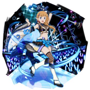 1girl blue_eyes breasts dungeon_ni_deai_wo_motomeru_no_wa_machigatteiru_darou_ka elf full_body highres idol japanese_clothes lefiya_viridis long_hair medium_breasts navel official_art orange_hair pointy_ears simple_background skirt smile solo sword_oratoria