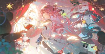 1girl aemeath_(wuthering_waves) ahoge black_bow blue_hair bow cake chinese_commentary chisa_(wuthering_waves) colored_inner_hair commentary_request denia_(wuthering_waves) dress food from_side gloves hair_bow hair_ornament highres indoors long_hair looking_at_viewer looking_to_the_side luuk_herssen_(wuthering_waves) mornye_(wuthering_waves) muheijie multicolored_hair objectification parted_lips pink_hair purple_eyes red_gloves remnant_cube_(wuthering_waves) rover_(wuthering_waves) sigrika_(wuthering_waves) solo stuffed_toy turning_head white_dress wuthering_waves