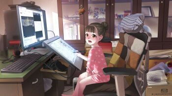 1girl a-801 absurdres barefoot blunt_bangs blush book box brown_eyes brown_hair bubble_wrap chair computer controller desk drawing_tablet female_focus figure game_console game_controller google_chrome hair_bun highres indoors keyboard loli looking_at_viewer microsoft_windows monitor original playstation_4 short_hair single_hair_bun sitting solo stylus swivel_chair windows_7
