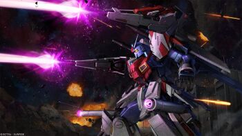 battle beam_cannon building copyright_notice debris energy energy_beam explosion firing glowing gundam gundam_battle_operation_2 gundam_mk_iii gundam_msv highres machinery mecha mecha_focus mobile_suit night no_humans official_art painting_(medium) realistic robot scan science_fiction star_(sky) tenjin_hidetaka traditional_media v-fin yellow_eyes