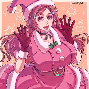Rule 34 | 1girl, bleach, breasts, christmas, dress, gloves, hat, inoue orihime, komeko (strikek-lvvjm27), large breasts, long hair, orange hair, santa costume, santa dress, santa hat, solo