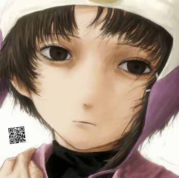 1girl beanie brown_eyes brown_hair closed_mouth earflap_beanie hat highres iwakura_lain looking_at_viewer portrait qr_code ranm12s serial_experiments_lain solo