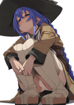1girl black_hat blue_eyes blue_hair blush boots braid brown_coat closed_mouth coat fu-ta hair_between_eyes hat highres loli long_hair long_sleeves looking_at_viewer mushoku_tensei panties pantyshot roxy_migurdia simple_background solo thigh_boots thighhighs underwear white_background white_boots white_panties white_thighhighs witch_hat