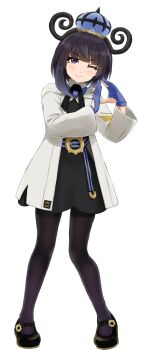 1girl ;) absurdres black_dress black_hair black_pantyhose black_ribbon black_shoes blue_gloves closed_mouth coat commentary dress eyelashes full_body gloves gwynn_(pokemon) hands_up hat highres light_blush long_hair neck_ribbon nintendo one_eye_closed open_clothes open_coat pantyhose partially_fingerless_gloves pigeon-toed pokemon pokemon_legends:_z-a purple_eyes ribbon shoes simple_background smile solo standing udan white_background white_coat