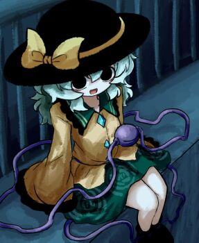 Rule 34 | 1girl, black eyes, black hat, bow, buttons, collared shirt, diamond button, empty eyes, eyeball, floral print, frilled shirt collar, frilled sleeves, frills, green hair, green skirt, hat, hat bow, heripantomorrow, komeiji koishi, long sleeves, open mouth, print skirt, rose print, shirt, sitting, skirt, sleeves past fingers, sleeves past wrists, smile, solo, third eye, touhou, wide sleeves, yellow bow, yellow shirt